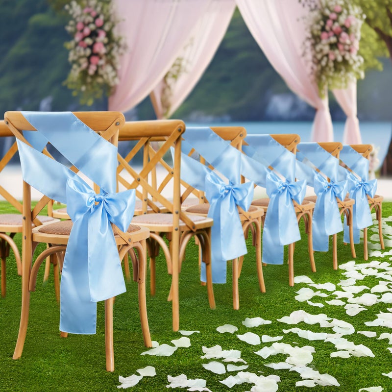 Counfeisly 10 Pcs Light Blue Satin Chair Sashes Bows Universal Chair Cover for Wedding Reception Events Banquets Party, Hotel Event Decorations, 6 x 108 inch - Image 3