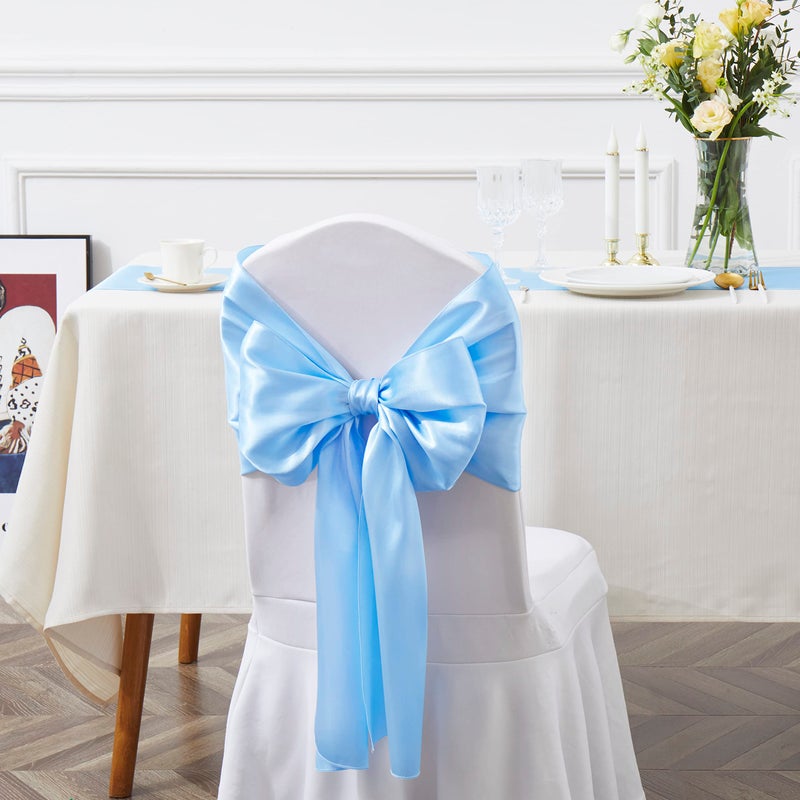 Counfeisly 10 Pcs Light Blue Satin Chair Sashes Bows Universal Chair Cover for Wedding Reception Events Banquets Party, Hotel Event Decorations, 6 x 108 inch - Image 4
