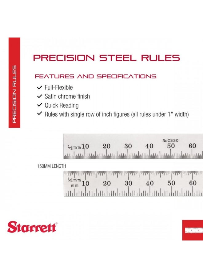 Starrett Starrett Full Flexible Steel Rule with Satin Chrome Finish, Quick Reading, and Millimeter Graduation - 150mm Length, 30 Graduation Type, 0.4mm Thickness - C330-150  - Image 2