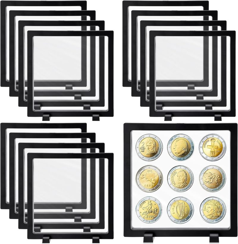 عرض عائم 18*18*2 سم - علبة عملات تصميم معلق ثلاثي الأبعاد - صندوق مجوهرات بنية ختمية وموقفة للغبار لتخزين وعرض العملات والمجوهرات والملحقات الصغيرة للتحضير - Image 2