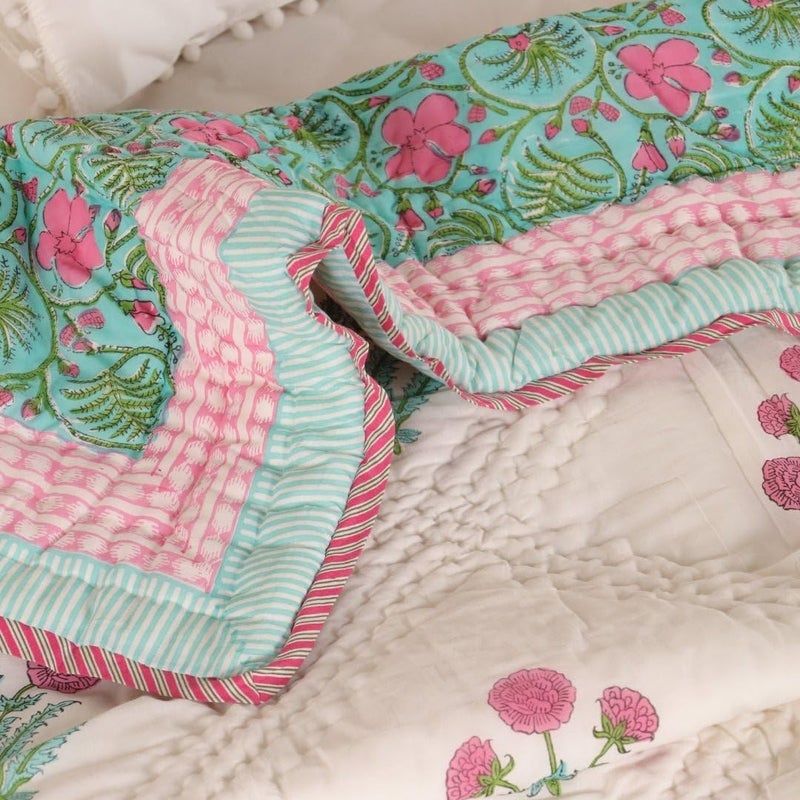 Peepul Tree Peepultree Hand Block Printed Cotton Quilt Jaipuri Razai Softness Style for Single Bed Beautiful Floral AC Blanket Reversible Breathable Made in India Turquoise Pink 60X90 Inches - Image 2