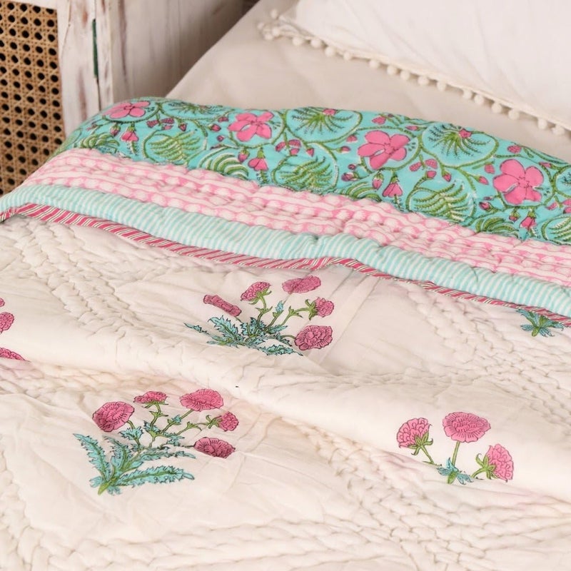 Peepul Tree Peepultree Hand Block Printed Cotton Quilt Jaipuri Razai Softness Style for Single Bed Beautiful Floral AC Blanket Reversible Breathable Made in India Turquoise Pink 60X90 Inches - Image 4