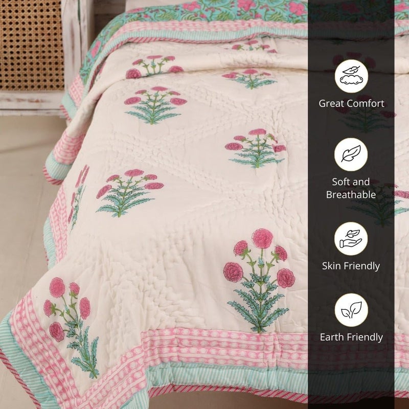 Peepul Tree Peepultree Hand Block Printed Cotton Quilt Jaipuri Razai Softness Style for Single Bed Beautiful Floral AC Blanket Reversible Breathable Made in India Turquoise Pink 60X90 Inches - Image 3