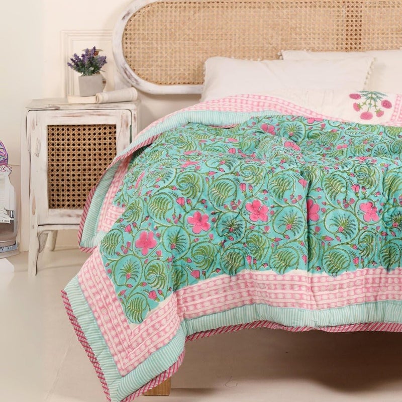 Peepul Tree Peepultree Hand Block Printed Cotton Quilt Jaipuri Razai Softness Style for Single Bed Beautiful Floral AC Blanket Reversible Breathable Made in India Turquoise Pink 60X90 Inches - Image 1