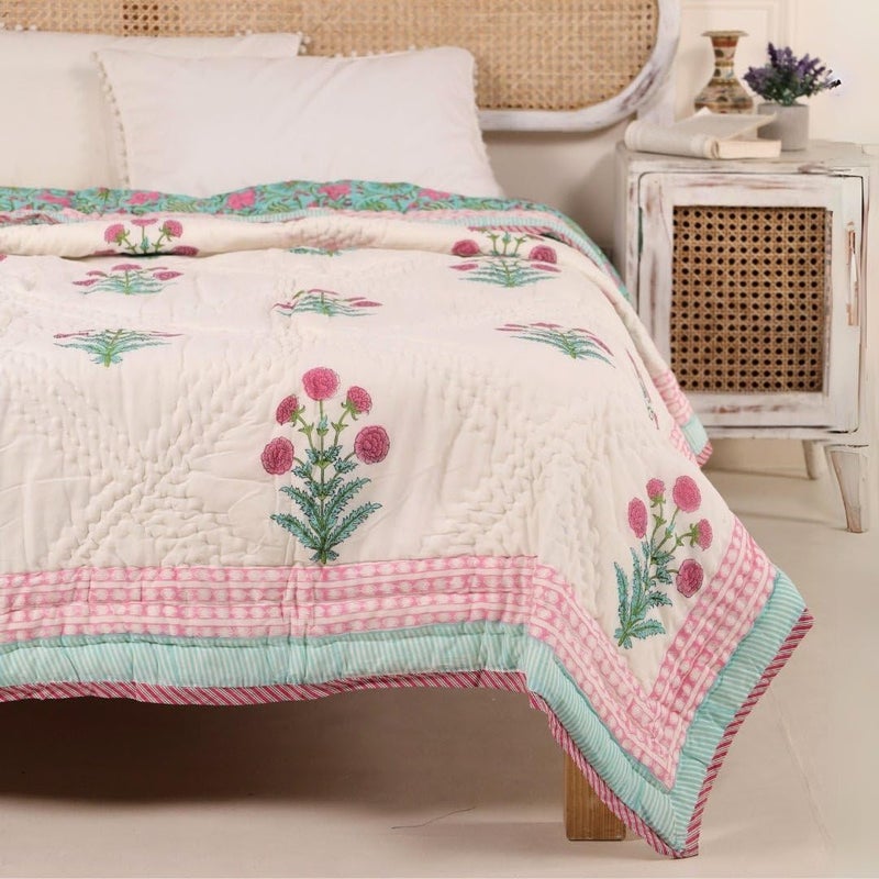 Peepul Tree Peepultree Hand Block Printed Cotton Quilt Jaipuri Razai Softness Style for Single Bed Beautiful Floral AC Blanket Reversible Breathable Made in India Turquoise Pink 60X90 Inches - Image 5
