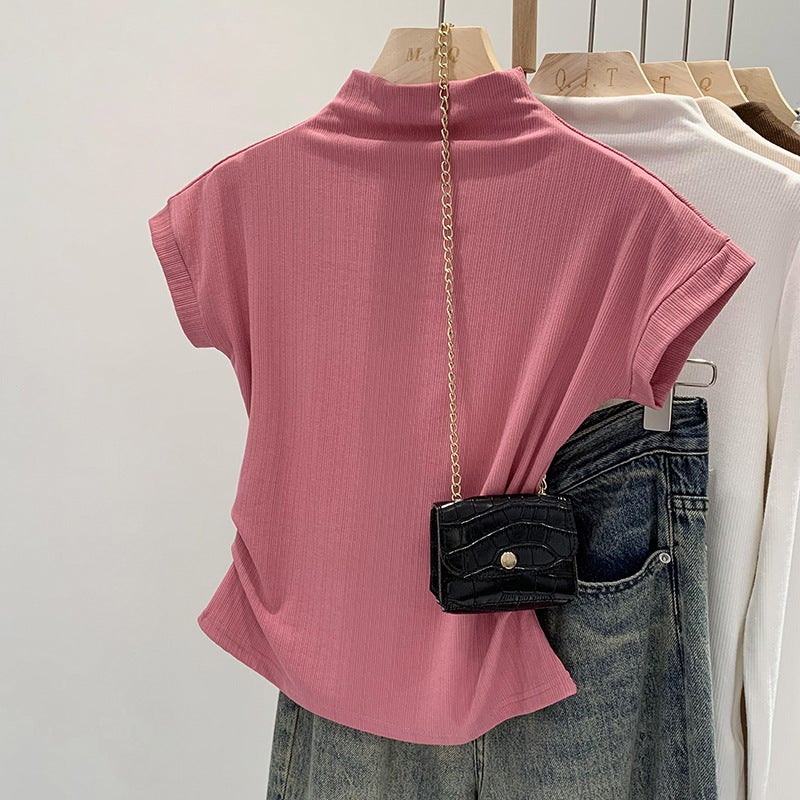 Girls Half High Collar Waist Shoulder Short Sleeve T-Shirt Women'S 2024 Niche Chic Inside - Image 2