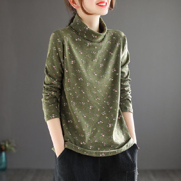 Spring and Autumn Korean style turtleneck long sleeve floral top Mother's vintage artistic printed plus size T-shirt slimming bottoming shirt - Image 1