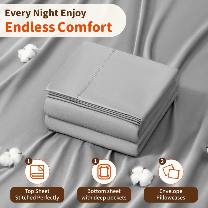 LBRO2M LBRO2M 1000 Thread Count 100% Egyptian Cotton Sheets Set Queen Size Bed Sheet 4 Piece Sets Long Staple 16 Inches Deep Pocket All Season Bedding Super Soft Comforterble Breathable Sateen Weave (Grey)  - Image 4