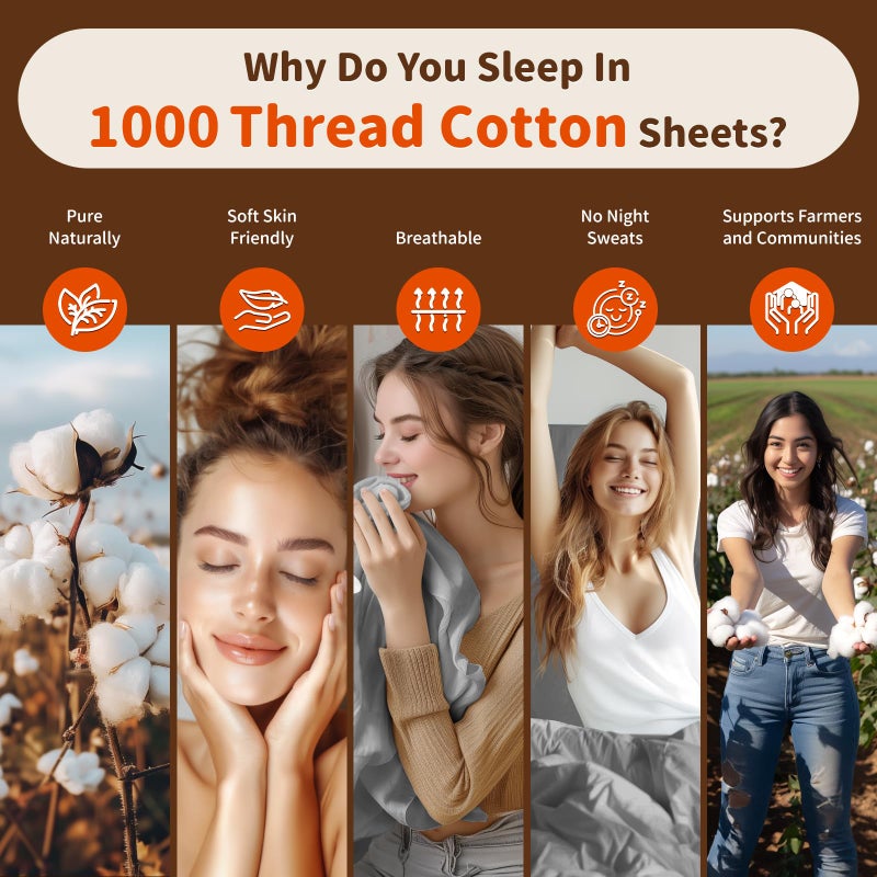 LBRO2M LBRO2M 1000 Thread Count 100% Egyptian Cotton Sheets Set Queen Size Bed Sheet 4 Piece Sets Long Staple 16 Inches Deep Pocket All Season Bedding Super Soft Comforterble Breathable Sateen Weave (Grey)  - Image 3