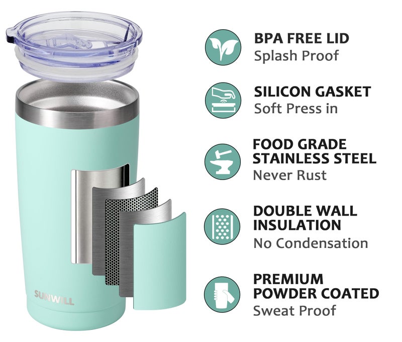 SUNWILL SUNWILL Coffee Mug Insulated Tumbler with lid  Stainless Steel Coffee Travel Mug 20 oz Tumbler  Double Wall Thermal Coffee Cup  Powder Coated Mint  Spill Proof Sliding Lid - Image 2