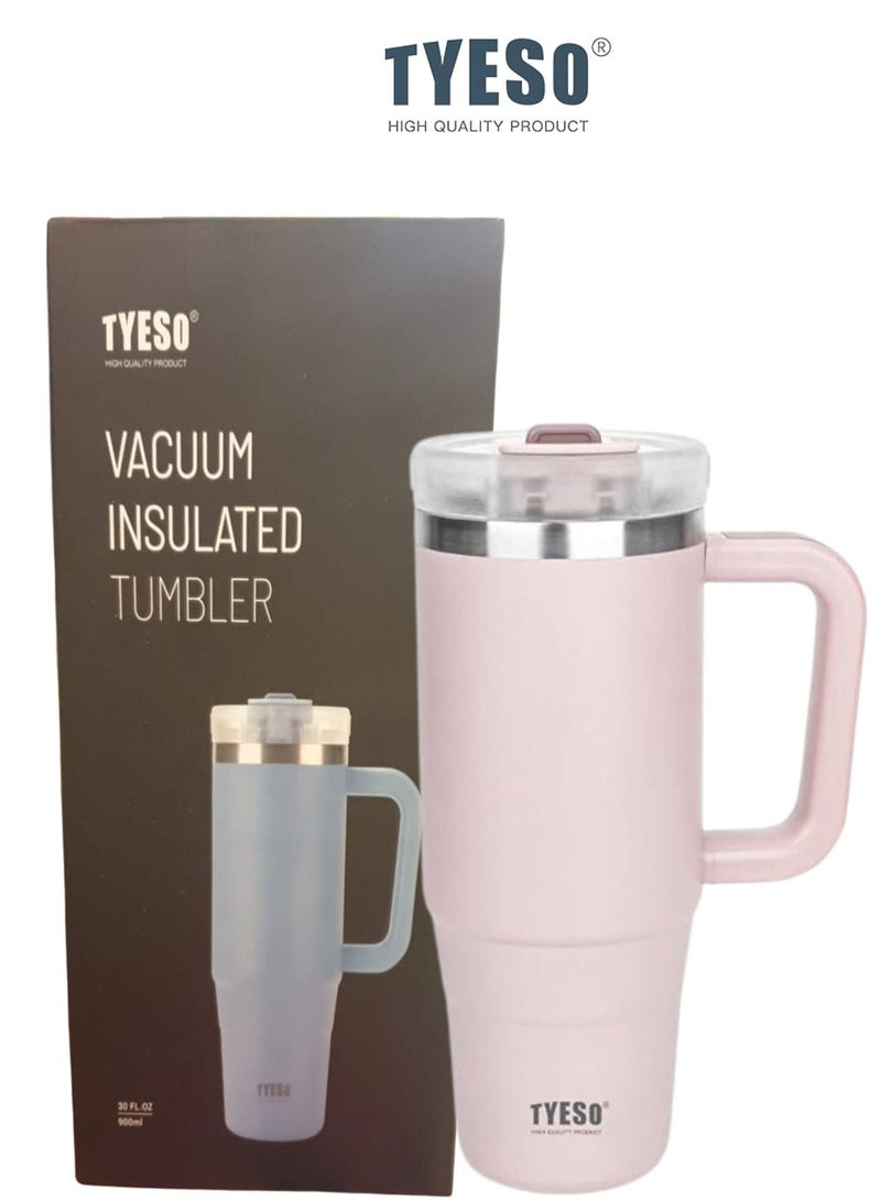 Tyeso 30 oz Tumbler with Handle, Straw and Lid Leak Resistant Insulated Stainless Steel Water Bottle, Car Cup Holder Friendly Travel Coffee Mug ( Light Pink ) - Image 1