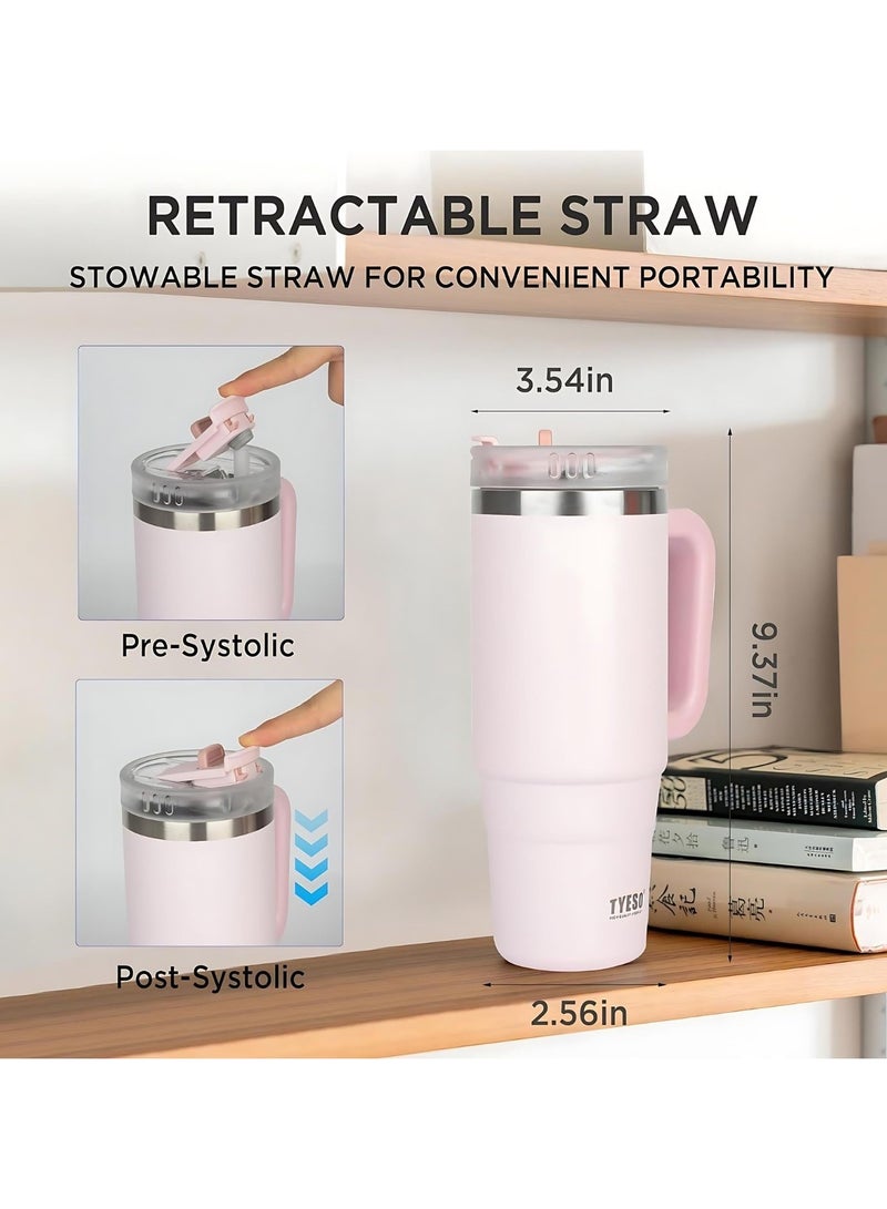 Tyeso 30 oz Tumbler with Handle, Straw and Lid Leak Resistant Insulated Stainless Steel Water Bottle, Car Cup Holder Friendly Travel Coffee Mug ( Light Pink ) - Image 3