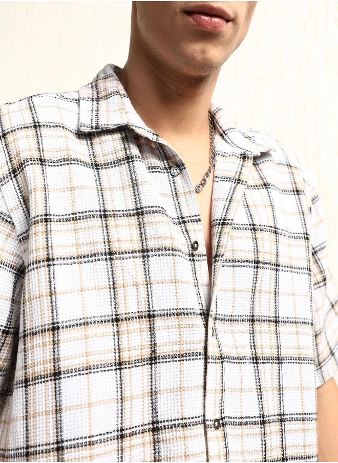 Hubberholme Men's Multicolour Cotton Blend Checkered Button Down Oversized Shirt