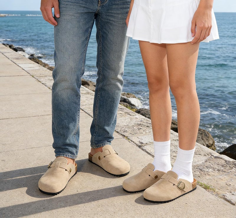 Intini Unisex Suede Leather Clogs Mules Mens Womens Cork Footbed House Slipers with Arch Support and Adjustable Buckle Apricot - Image 3
