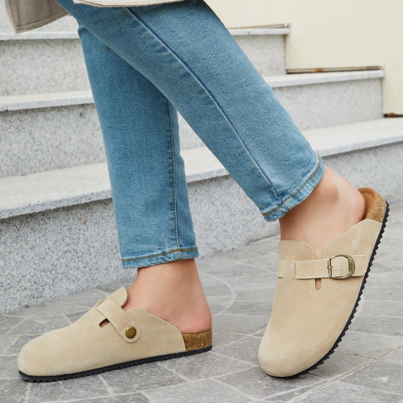 Intini Unisex Suede Leather Clogs Mules Mens Womens Cork Footbed House Slipers with Arch Support and Adjustable Buckle Apricot - Image 2