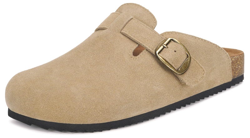 Intini Unisex Suede Leather Clogs Mules Mens Womens Cork Footbed House Slipers with Arch Support and Adjustable Buckle Apricot - Image 1