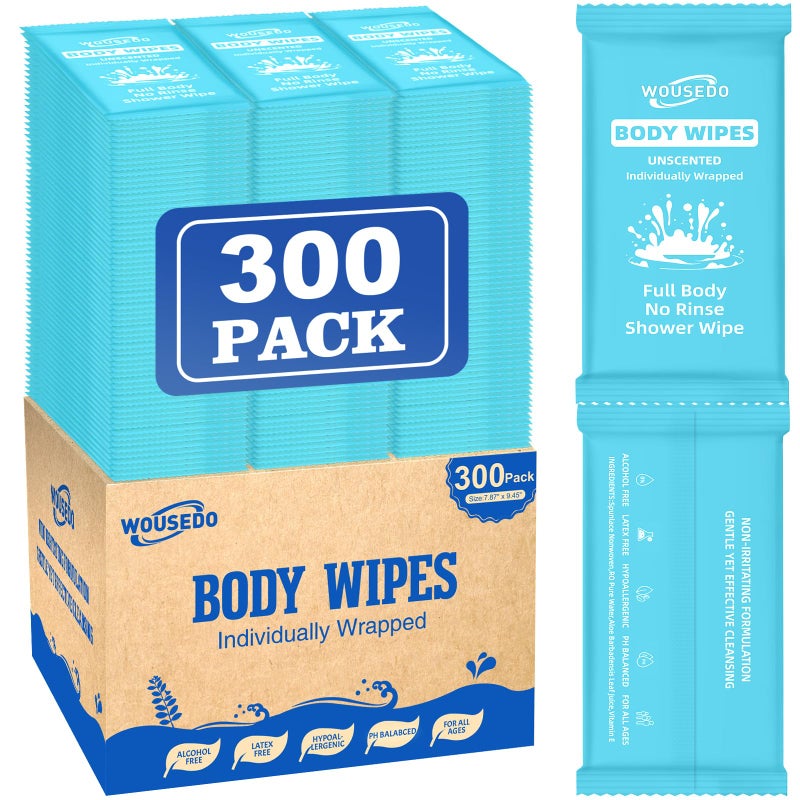 WOUSEDO 300 Pcs Ultra Thick Soft Large Body Wipes Individually Wrapped(7.87" x 9.45"),Shower Wipes for Adults Bathing No Rinse,Personal Cleansing Wipes for Travel Gym,Bulk Deodorant for Homeless(Blue) - Image 1