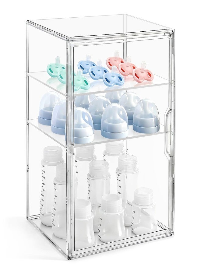 LANLISA Baby Bottle Storage Organizer for Countertop, 3 Tiers Clear Acrylic Bottles Station Organizer, Bottle Storage Container with 2 Removable Dividers - Image 1