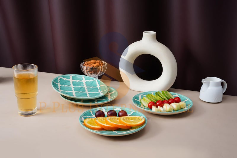 P-PLUS INTERNATIONAL Ceramic Large Plate for Dessert, Pasta, Salad | Hand Painted Dinner Plates for Every Day and Special Occasion | Microwave Safe | 8 Inch 20.5 CM (Green, Set of 4) - Image 4