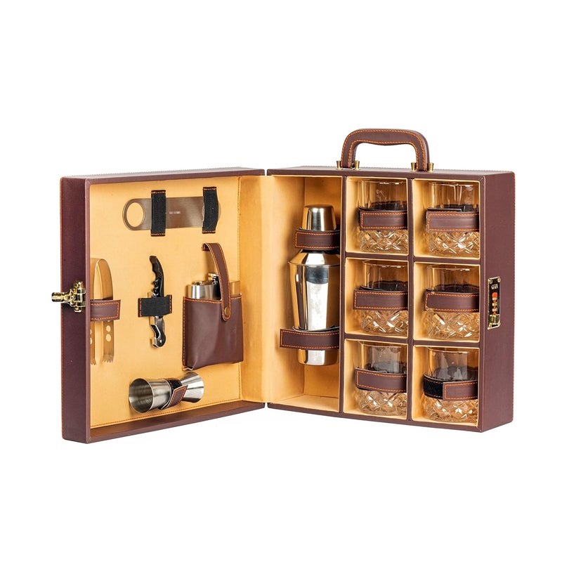 abrazo Abrazo Faux Leatherette Portable Bar Set Portable Bar Set Leatherette Bar Tool Set Brown 6 Glass Cocktail Shaker  - Image 1