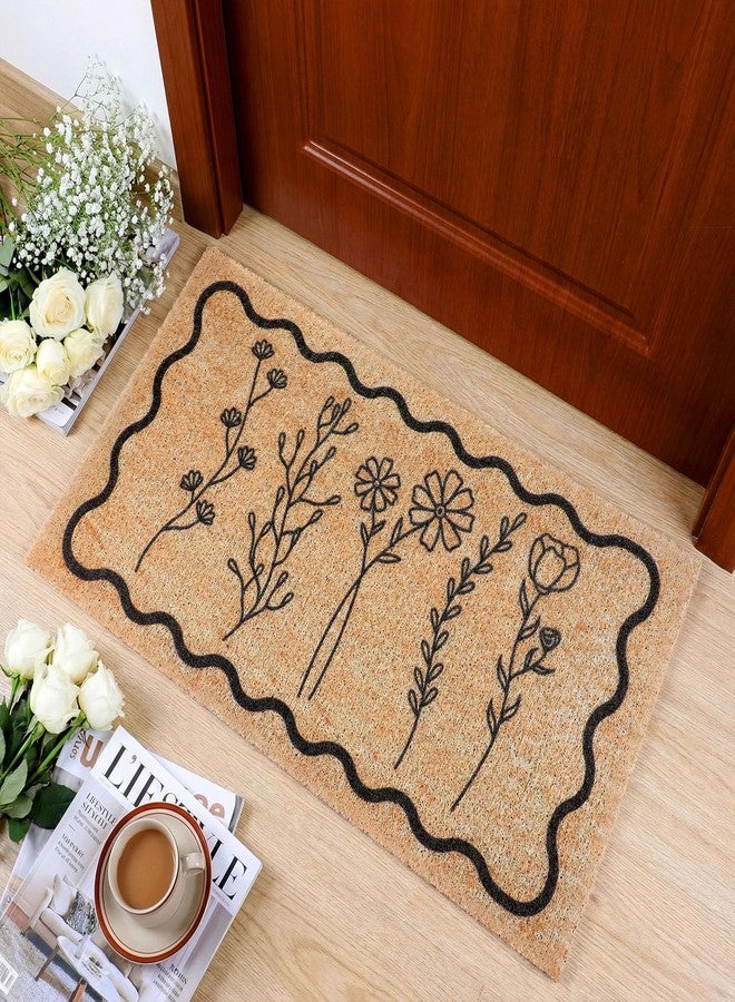 Dunzy Floral Welcome Mat Spring Coir Doormat for Front Door Black Wildflower Wavy Outdoor Non-Slip Decorative Mat for Home Indoor Outside Entrance Porch - Image 1