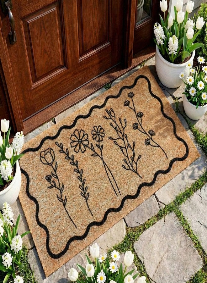 Dunzy Floral Welcome Mat Spring Coir Doormat for Front Door Black Wildflower Wavy Outdoor Non-Slip Decorative Mat for Home Indoor Outside Entrance Porch - Image 2