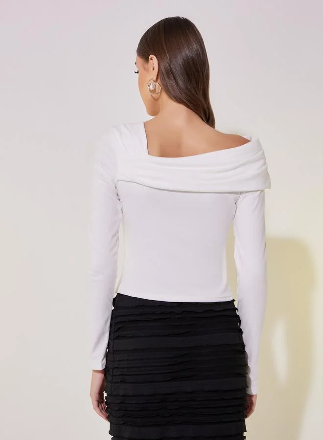 Take Two Draped Asymmetric Neck Crop Knit Top
