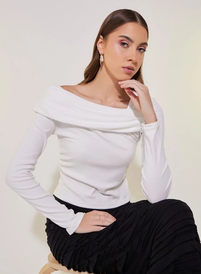Take Two Draped Asymmetric Neck Crop Knit Top
