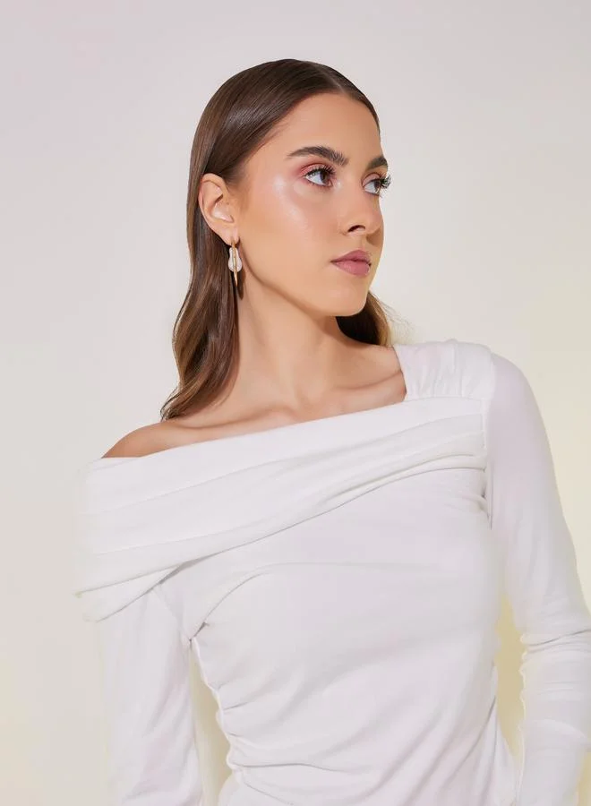 Take Two Draped Asymmetric Neck Crop Knit Top