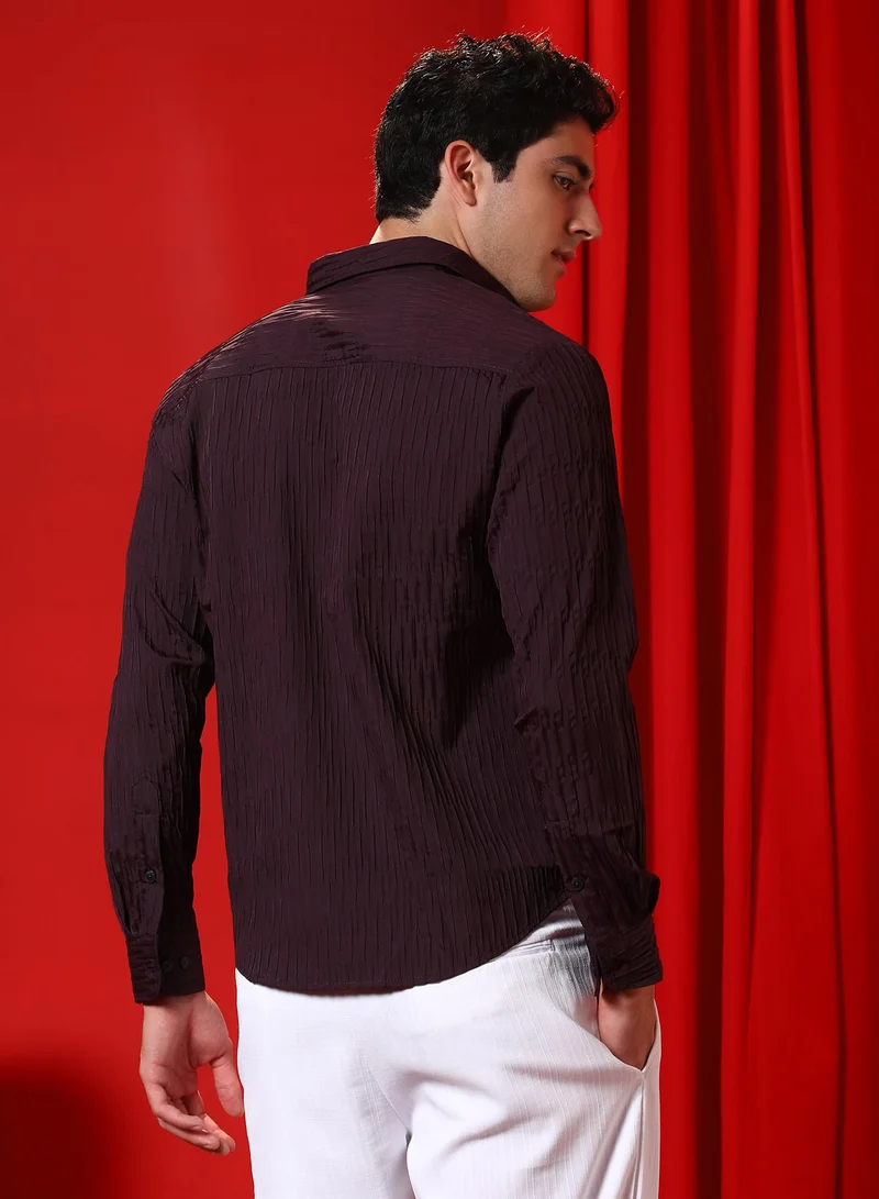 Campus Sutra Men's Plum Purple Panelled -Tactile Shirt