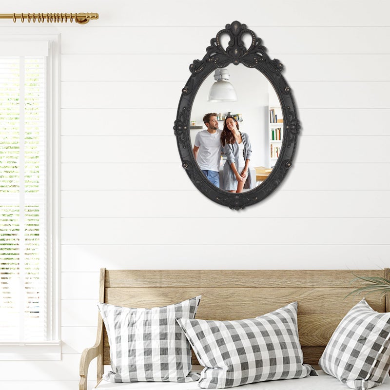 Lzuso Vintage Black Hanging Wall Mirror Wall Decor 24"x16" Antique Oval Carved Wood Frame Bathroom Mirror Vanity Rustic Wall Mounted Mirrors Decorative Farmhouse Mirrors for Bedroom Living Room - Image 3
