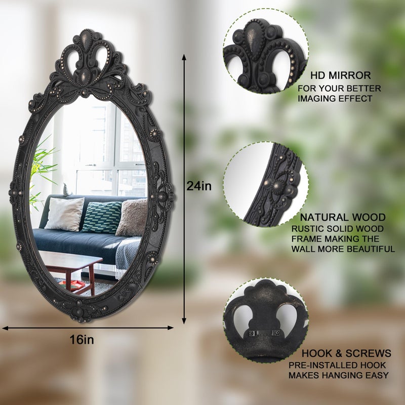 Lzuso Vintage Black Hanging Wall Mirror Wall Decor 24"x16" Antique Oval Carved Wood Frame Bathroom Mirror Vanity Rustic Wall Mounted Mirrors Decorative Farmhouse Mirrors for Bedroom Living Room - Image 2