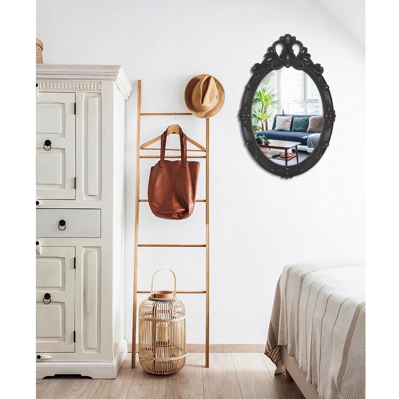 Lzuso Vintage Black Hanging Wall Mirror Wall Decor 24"x16" Antique Oval Carved Wood Frame Bathroom Mirror Vanity Rustic Wall Mounted Mirrors Decorative Farmhouse Mirrors for Bedroom Living Room - Image 4