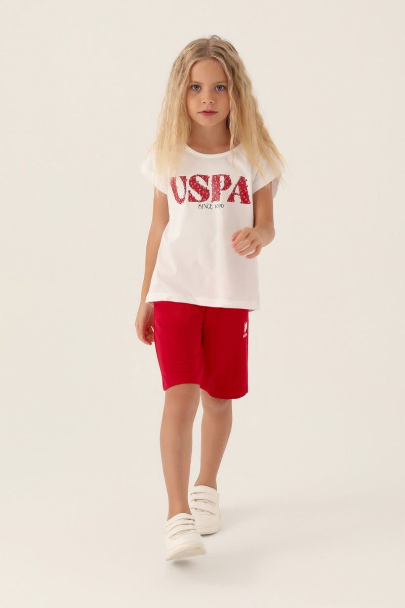 U.S. Polo Assn. Licensed Flower Written Red Girls Bermuda Set  - Image 1
