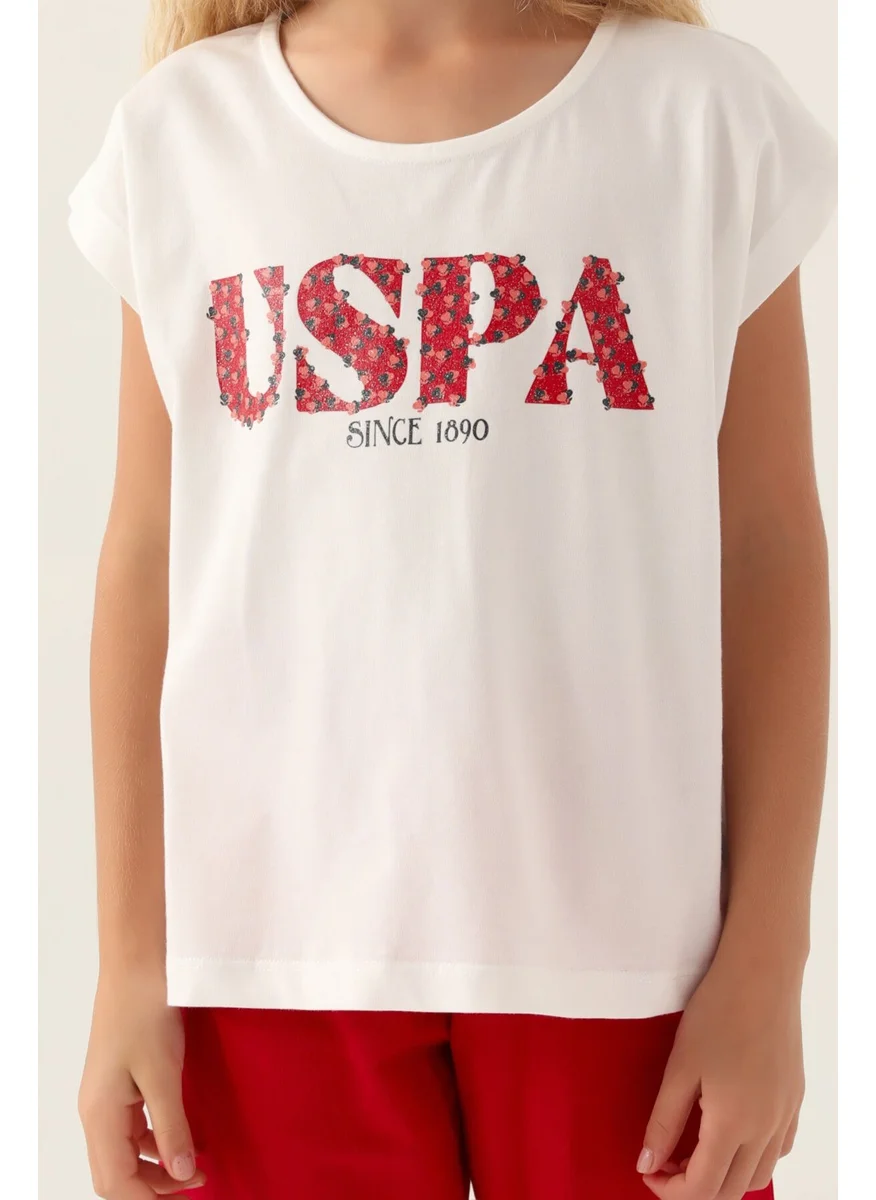 يو اس بولو اسن Licensed Flower Written Red Girls Bermuda Set