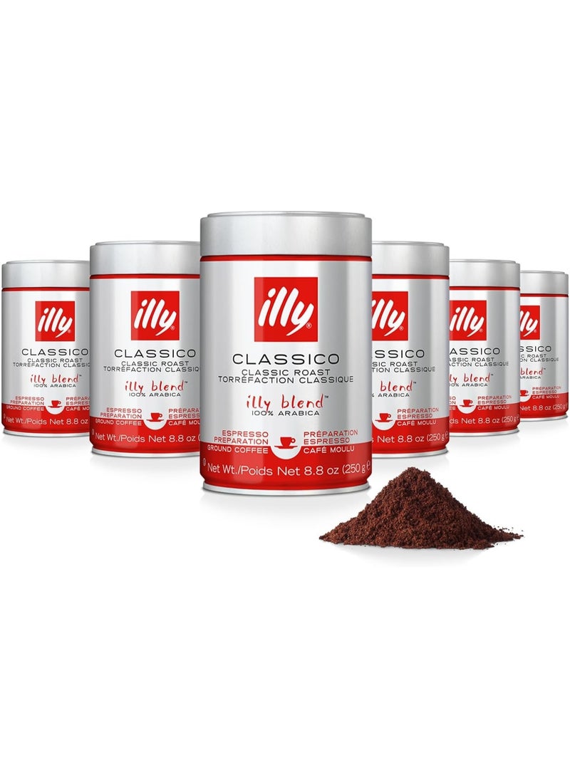 Illy Arabica Coffee Blend Medium Roast Classico Ground Espresso (8.8oz Can)- Pack of 6