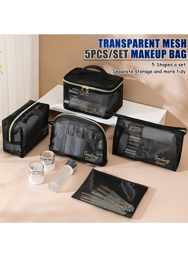 QIYUE 5-Piece Set - Women's Mesh Transparent Travel Toiletry Bag, Portable Cosmetic Organizer - Image 2