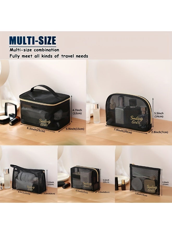 QIYUE 5-Piece Set - Women's Mesh Transparent Travel Toiletry Bag, Portable Cosmetic Organizer - Image 3