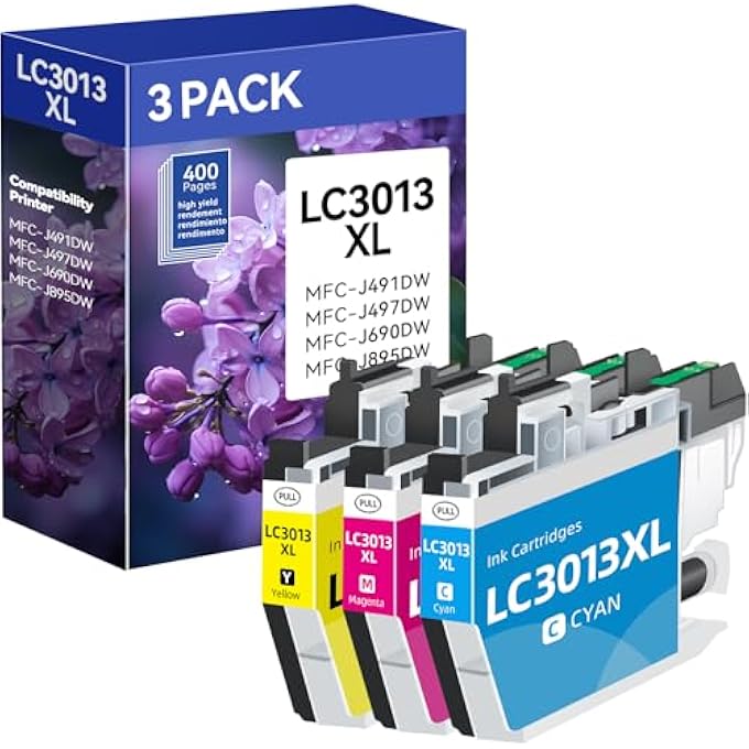 LC3013 INK CARTRIDGES(CYAN/MAGENTA/YELLOW) REPLACEMENT FOR BROTHER LC3013 LC3011 LC30133PKS INK COMPATIBLE WITH MFC-J497DW MFC-J491DW MFC-J895DW MFC-J690DW PRINTER, 3-PACK - Image 1