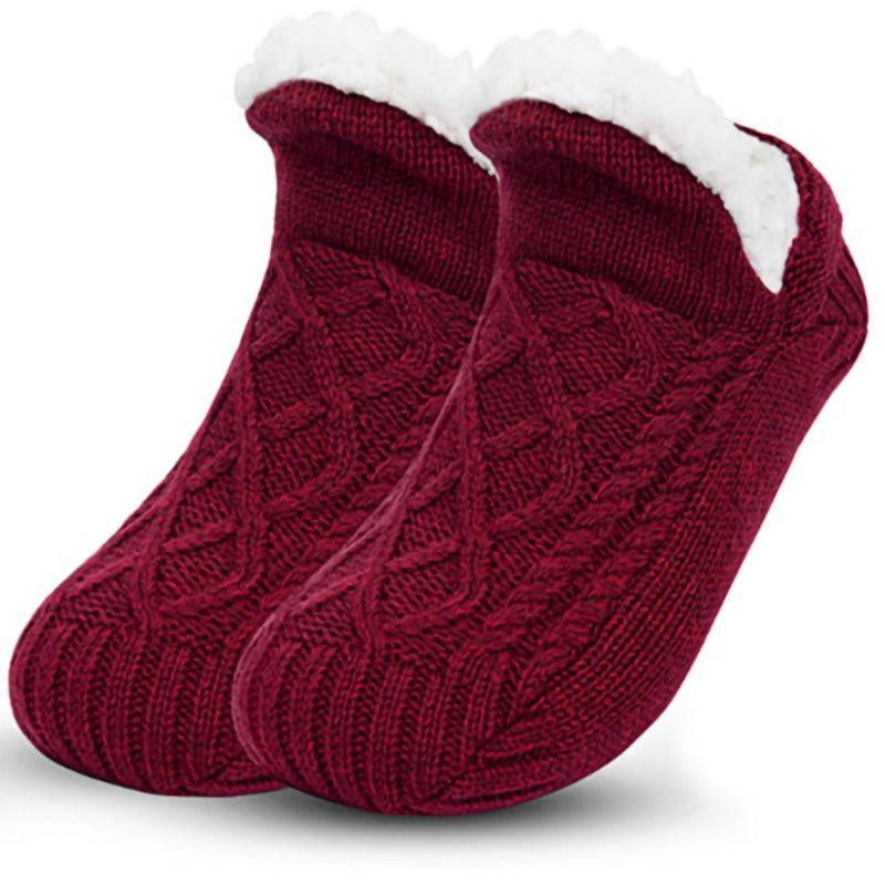 Unisex plush warm home socks thick velvet lined non-slip indoor floor Socks red - Image 1