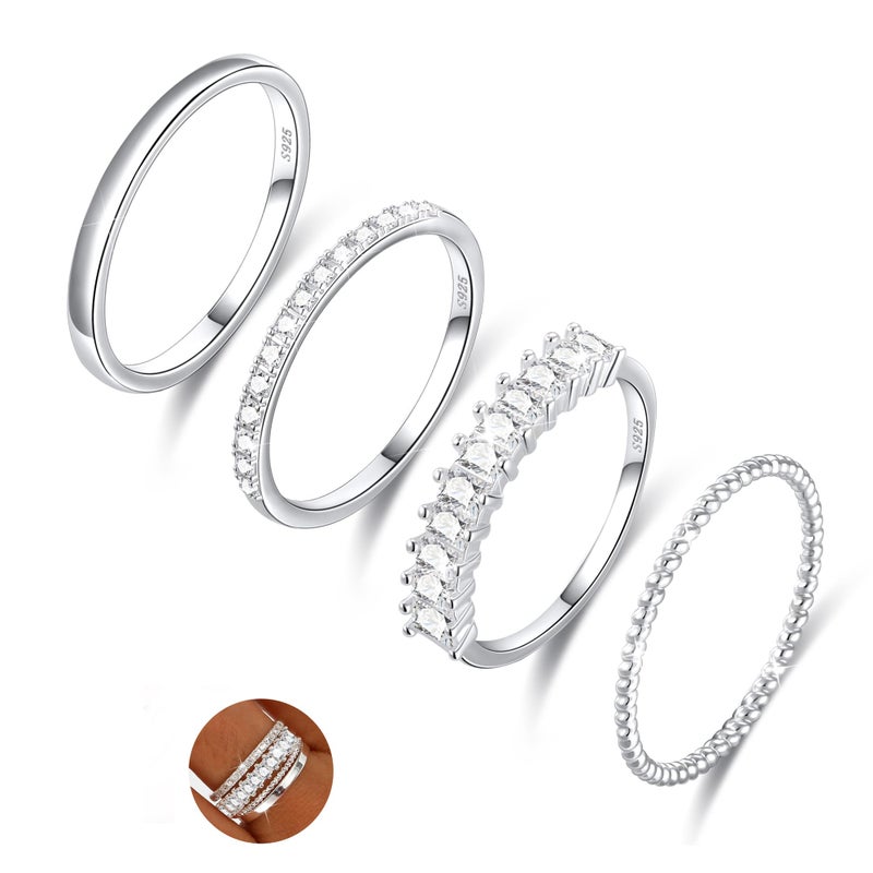 Diorra Silver Ring for Women, 4PCS Thin Sterling Silver Stackable Rings Set Cubic Zirconia Engagement Statement Wedding Bands for Women Size 5-10 - Image 1