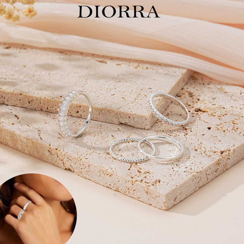 Diorra Silver Ring for Women, 4PCS Thin Sterling Silver Stackable Rings Set Cubic Zirconia Engagement Statement Wedding Bands for Women Size 5-10 - Image 5