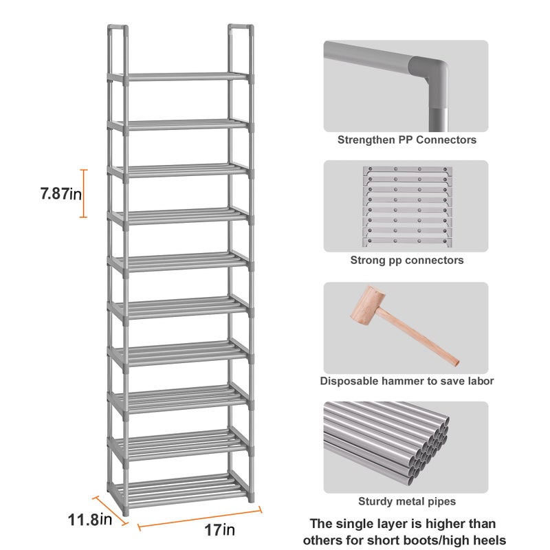 OYREL 10-Tier Metal Shoe Rack, Narrow Shoe Rack Organizer, Sturdy Shoe Shelf for Closets, Entryway, Bedroom, Garage - Silver - Image 5