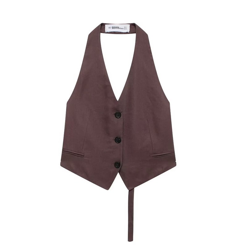 ZAWomens Fashion European And American Style Summer New Linen And Wool Blend Open Back Vest Plus Wool Blend Sleepwear Trousers top