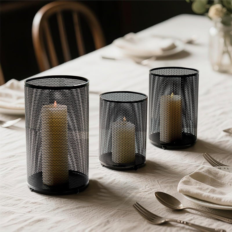 kolnlala Metal Candle Holders Set of 3, Decorative Tealight Candle Holder Sets, Candlestick for Pillar Vintage Style Perfect for Tabletop Centerpieces (Black, Dense Network) - Image 5