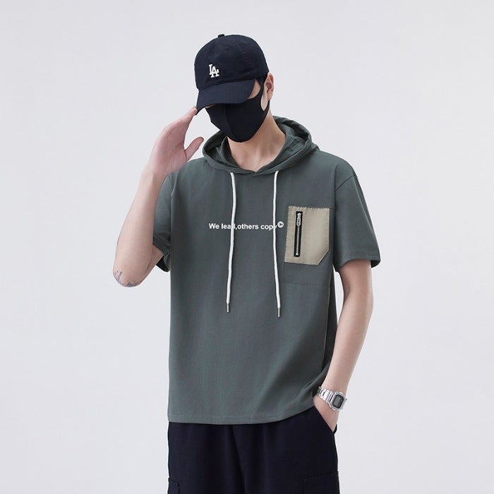 Breathable Anti-Wrinkle Hooded American Retro Shirt Men'S Trendyy Men'S Short-Sleeved Youth Lapel T-Shirt Men - Image 1