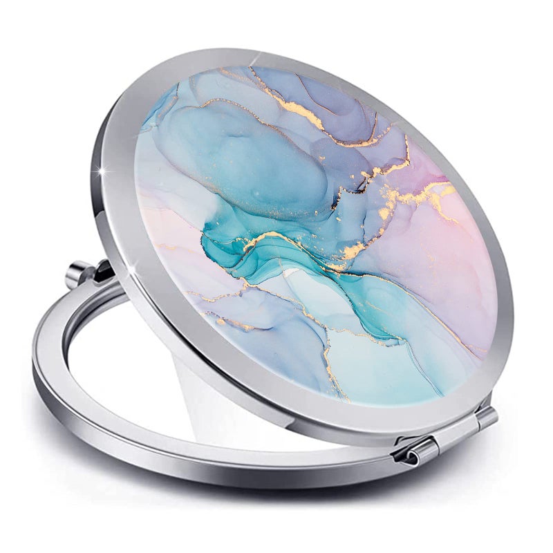 LONNAONE Compact Mirror for WomenRound Mini Pocket Travel Makeup MirrorPretty Portable Folding Small Pocket Mirror for HandbagPursePocket Mirror Silver Elegant Abstract Marble