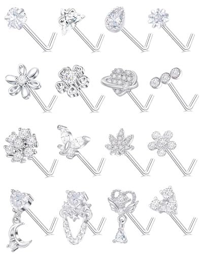 Tornito 16Pcs Nose Rings L Shaped Nose Stud Stainless Steel Butterfly Flower Leaf Heart Moon Dangle Nose Stud Ring Body Piercing Jewelry for Women Men 20G Clear CZ - Image 1