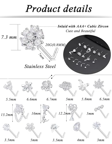 Tornito 16Pcs Nose Rings L Shaped Nose Stud Stainless Steel Butterfly Flower Leaf Heart Moon Dangle Nose Stud Ring Body Piercing Jewelry for Women Men 20G Clear CZ - Image 2