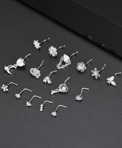 Tornito 16Pcs Nose Rings L Shaped Nose Stud Stainless Steel Butterfly Flower Leaf Heart Moon Dangle Nose Stud Ring Body Piercing Jewelry for Women Men 20G Clear CZ - Image 5